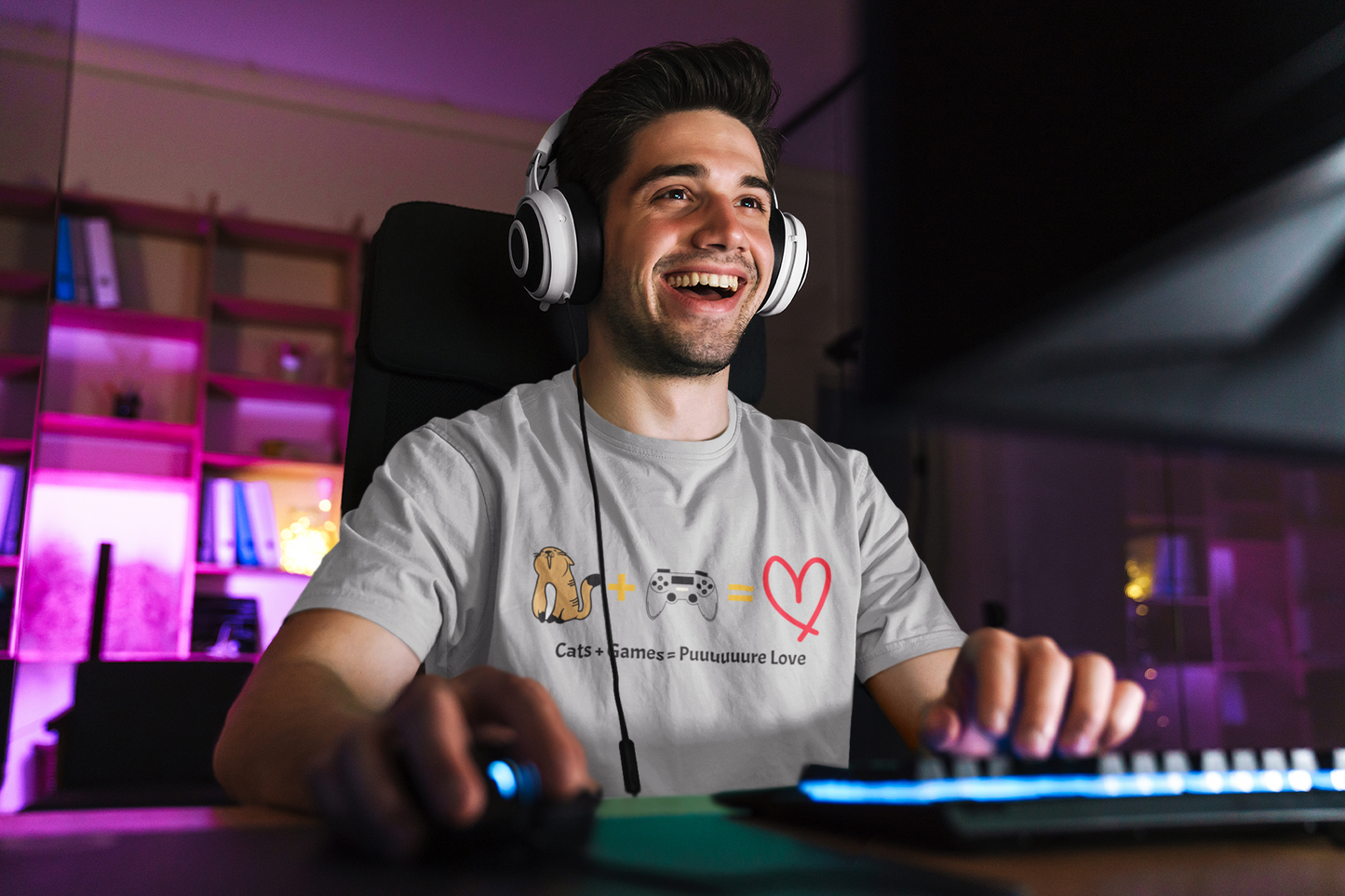Cats + Games = Puuuuuuuure Love - Cute Cat Gamer Tee, Unisex Heavy Cotton T-Shirt, Cat Lover