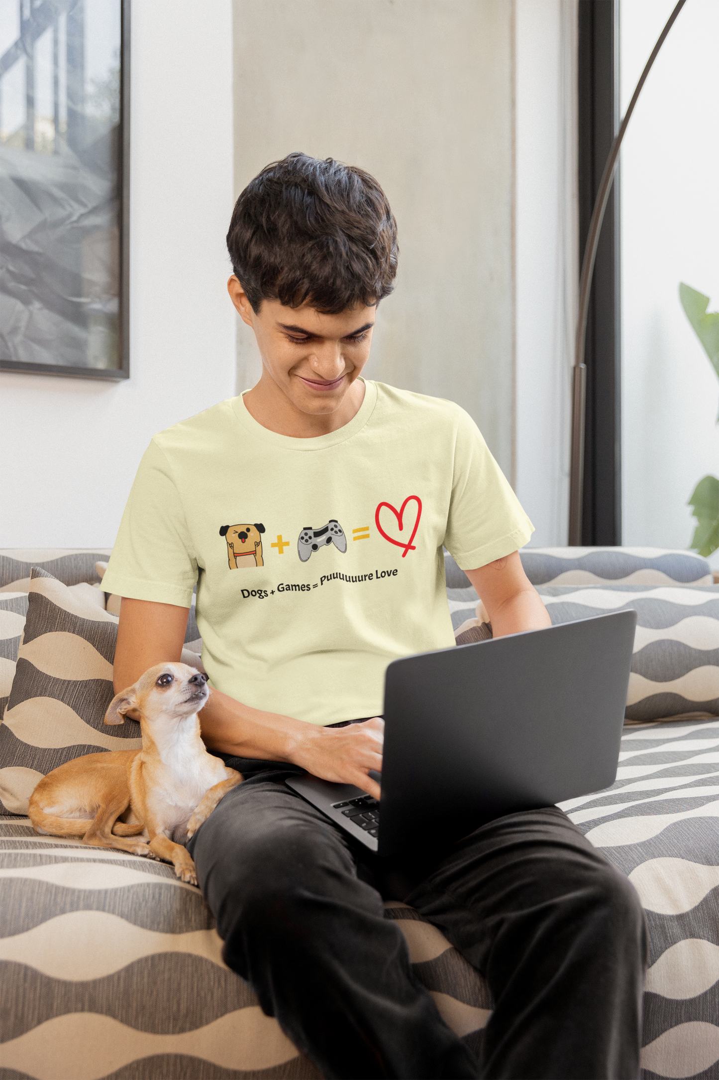 Dogs + Games = Puuuuuuuure Love - Dog Lover Gaming Tee | Unisex Heavy Cotton Shirt, Gamer Gift, Pet Lover Apparel